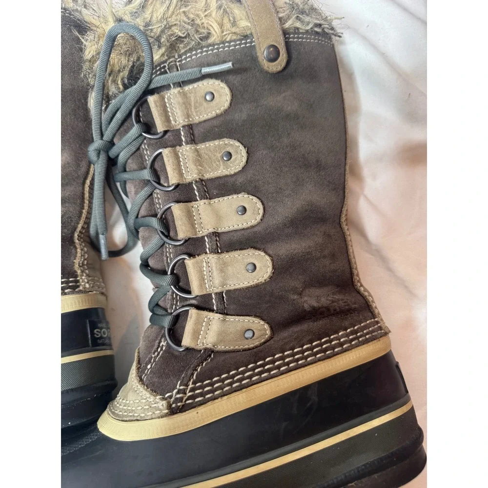 Sorel Joan of Arctic Brown Suede Waterproof Faux Fur Winter Snow Boots Womens.